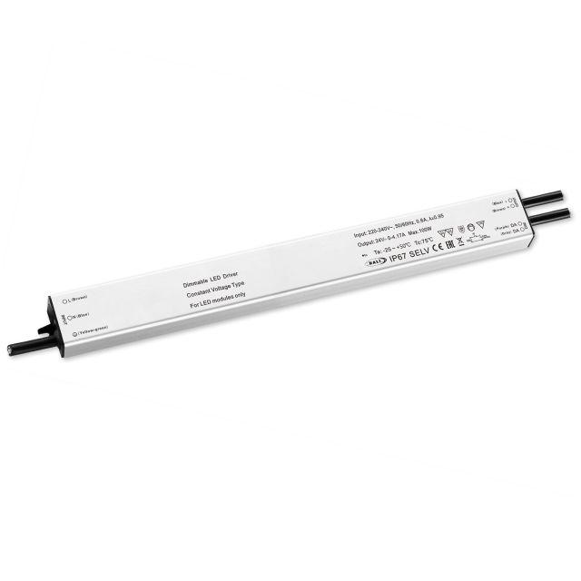 LED PWM-Trafo, 24V/DC, 0-100W, IP67, flach, Push/DALI-2 dimmbar, SELV