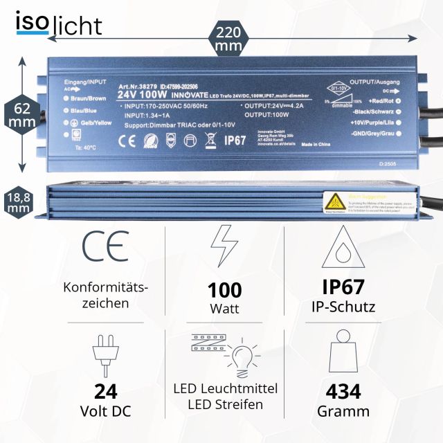 LED Trafo 24V/DC, 100W, IP67, multi-dimmbar