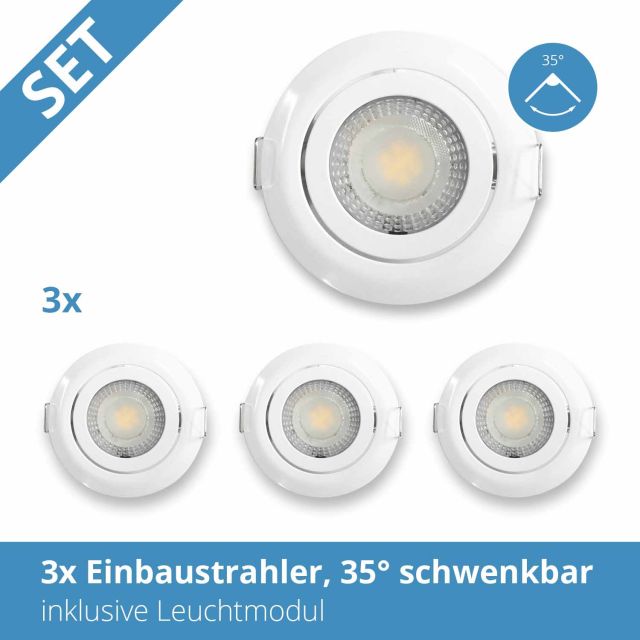 LED Einbaustrahler 3 STK, weiß, schwenkbar, 7W, warmweiß, dimmbar