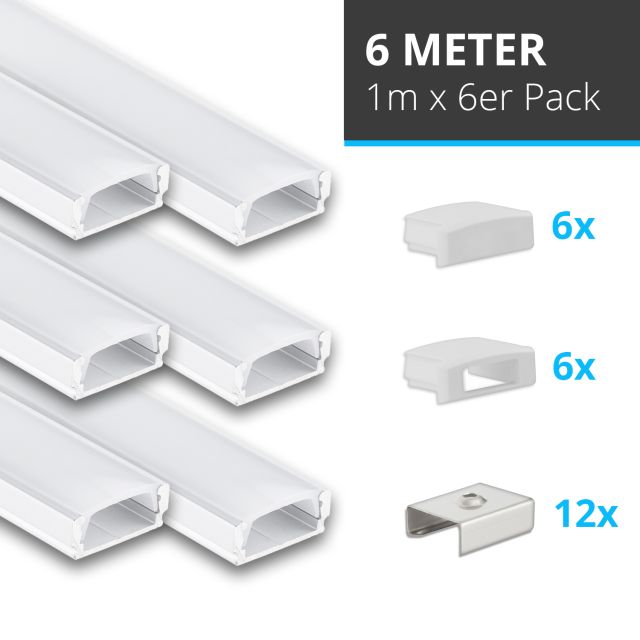 LED Aufbauprofil Mini12 Set, 600cm (6x 100cm), weiß, inkl. Endkappen