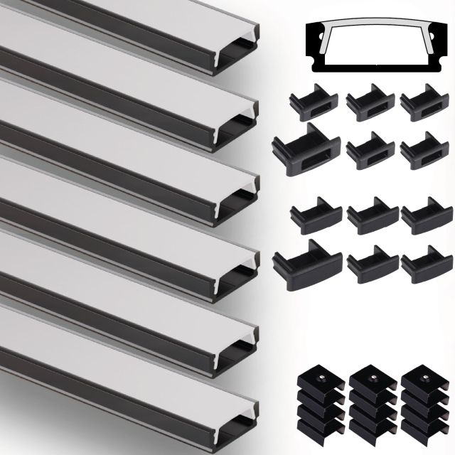 LED Aufbauprofil Mini12 Set, 600cm (6x 100cm), schwarz, inkl. Endkappen