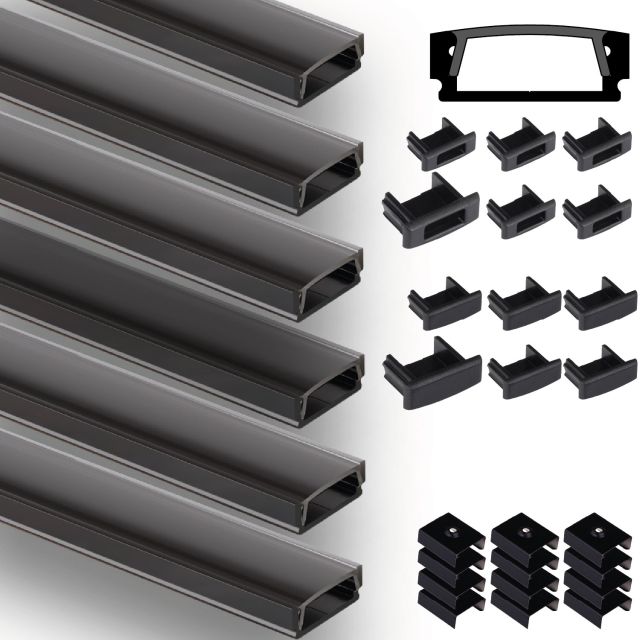 LED Aufbauprofil Mini12 Set, 600cm (6x 100cm), schwarz, inkl. Endkappen, schwarze Abdeckung