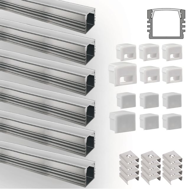 LED Aufbauprofil Midi12 Set, 600cm (6x 100cm), Alu eloxiert, inkl. Endkappen