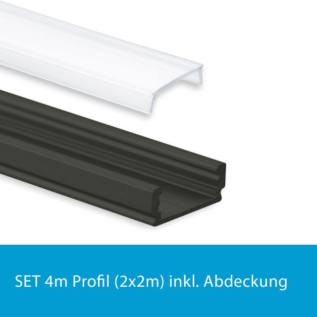 Profi LED SET 4M (2x2M) Aufbauprofil Mini 12 schwarz inkl. milchiger Abdeckung
