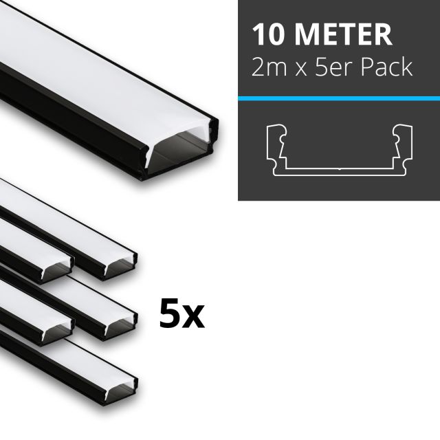 Profi LED SET 10M (5x2M) Aufbauprofil Mini 12 schwarz inkl. milchiger Abdeckung