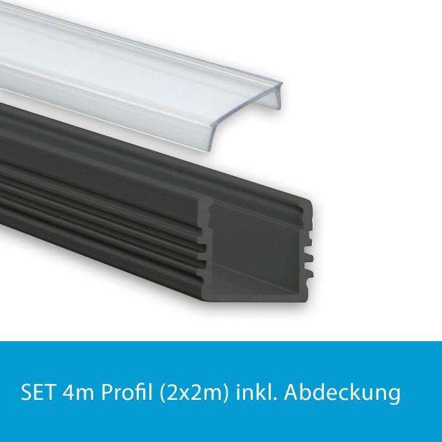 Profi LED SET 4M (2x2M) Aufbauprofil Midi 12 schwarz inkl. klarer Abdeckung