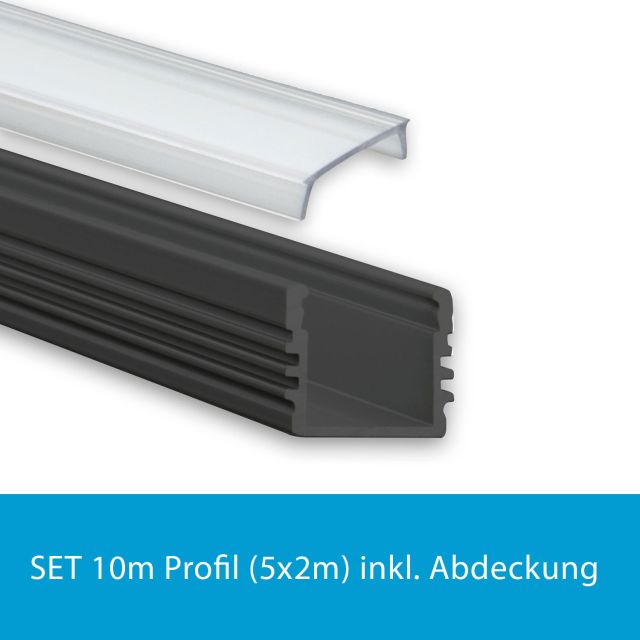 Profi LED SET 10M (5x2M) Aufbauprofil Midi 12 schwarz inkl. klarer Abdeckung