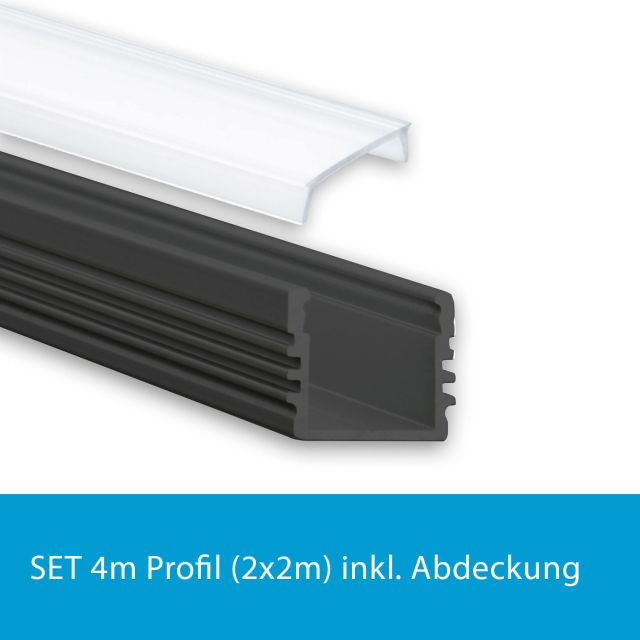 Profi LED SET 4M (2x2M) Aufbauprofil Midi 12 schwarz inkl. milchiger Abdeckung