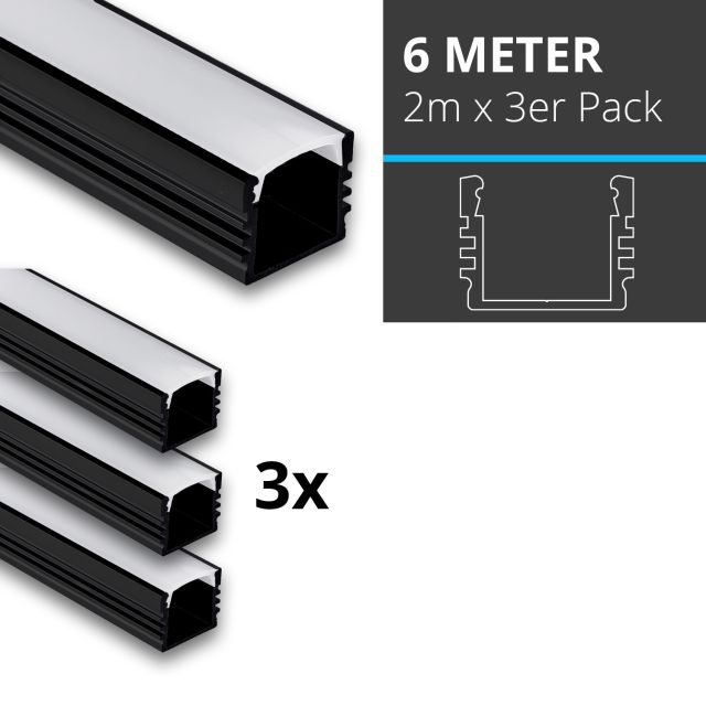 Profi LED SET 6M (3x2M) Aufbauprofil Midi 12 schwarz inkl. milchiger Abdeckung