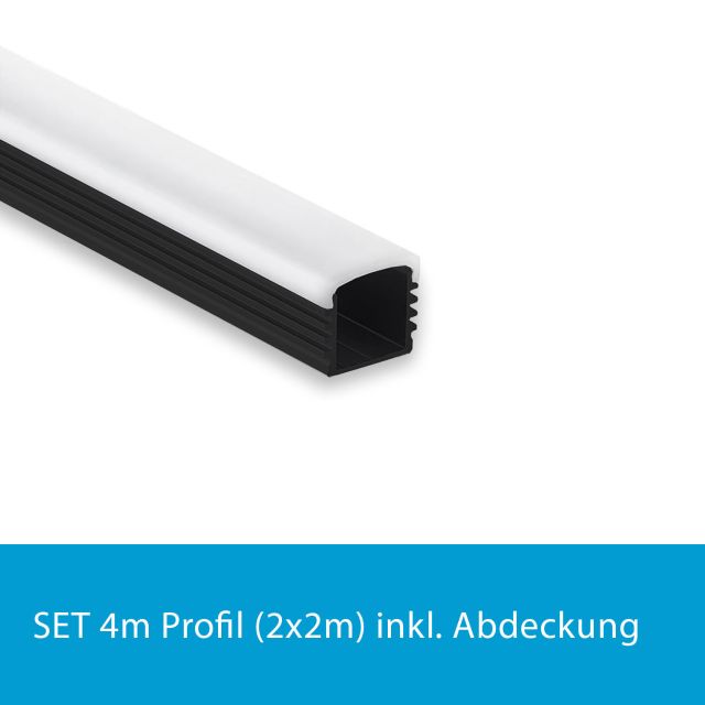 Profi LED SET 4M (2x2M) Aufbauprofil Maxi 12 schwarz inkl. milchiger Abdeckung