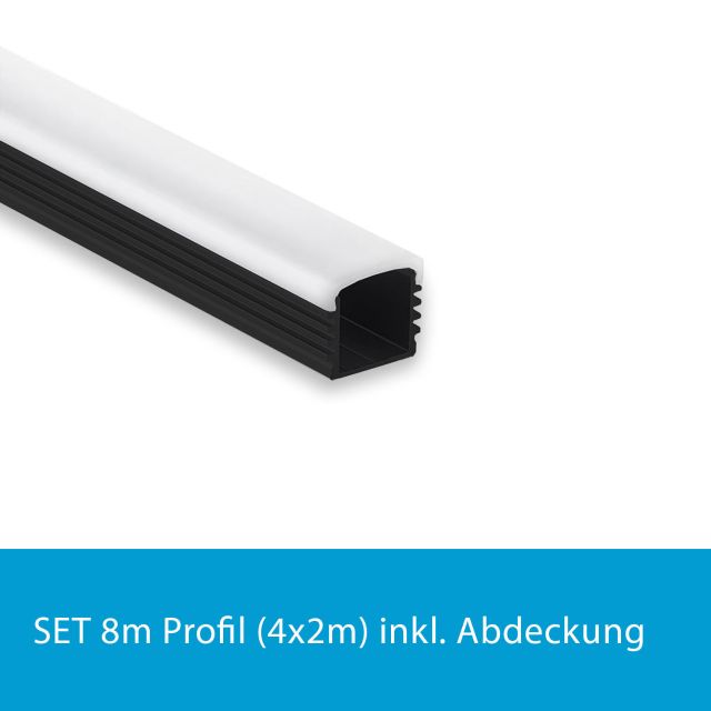 Profi LED SET 8M (4x2M) Aufbauprofil Maxi 12 schwarz inkl. milchiger Abdeckung