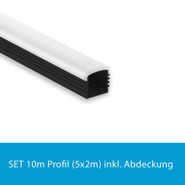 Profi LED SET 10M (5x2M) Aufbauprofil Maxi 12 schwarz inkl. milchiger Abdeckung