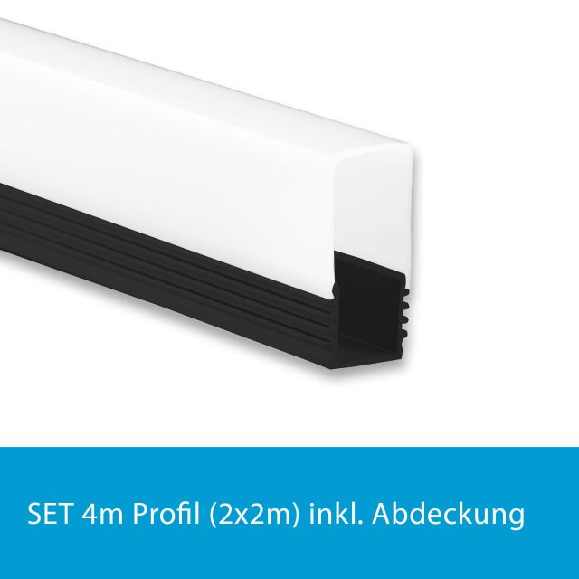 Profi LED SET 4M (2x2M) Aufbauprofil Maxi 12 schwarz mit hoher opaler Abdeckung