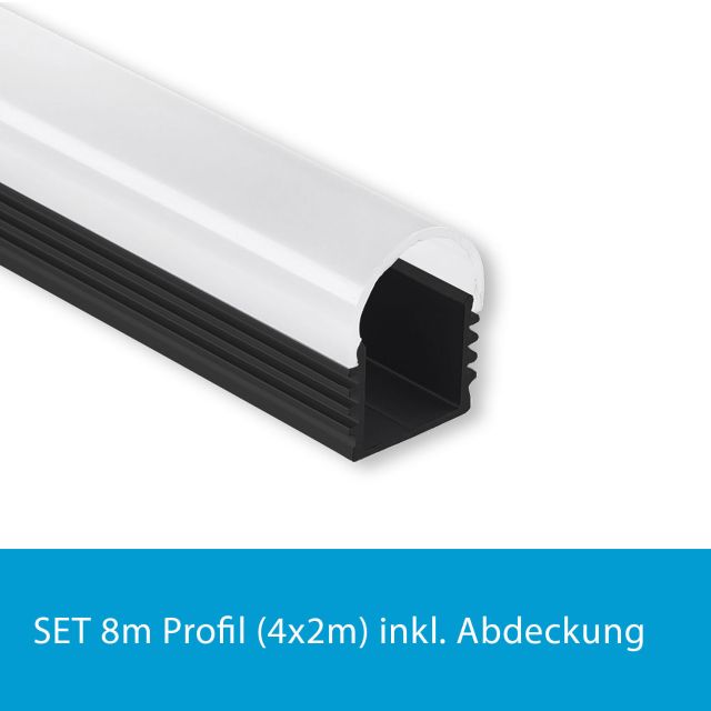 Profi LED SET 8M (4x2M) Aufbauprofil Maxi 12 schwarz mit runder opaler Abdeckung