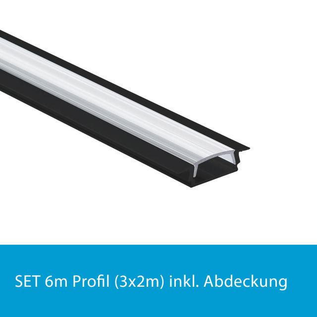 Profi LED SET 6M (3x2M) Einbauprofil Mini 12 schwarz inkl. klarer Abdeckung