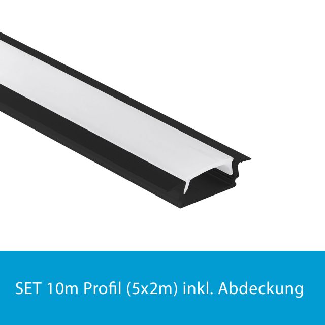 Profi LED SET 10M (5x2M) Einbauprofil Mini 12 schwarz inkl. milchiger Abdeckung