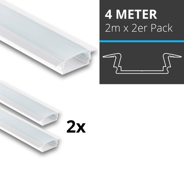 Profi LED SET 4M (2x2M) Einbauprofil Mini 12 weiss inkl. klarer Abdeckung