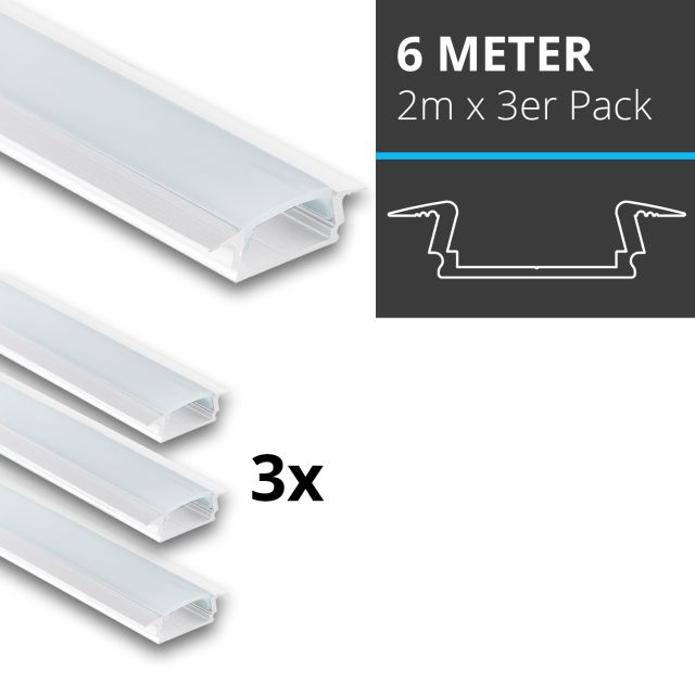 Profi LED SET 6M (3x2M) Einbauprofil Mini 12 weiss inkl. klarer Abdeckung
