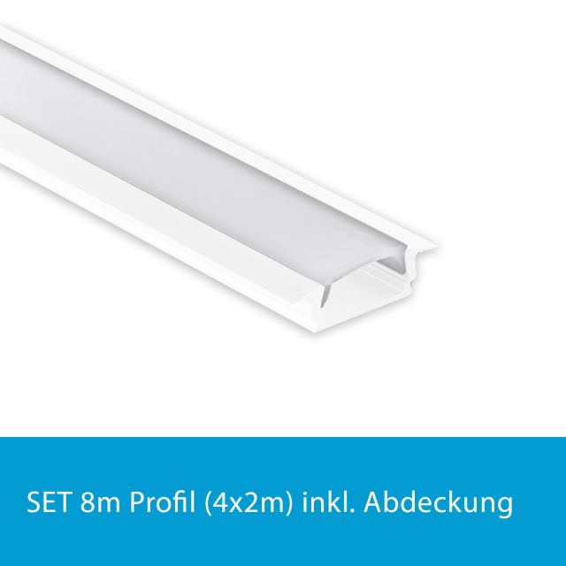 Profi LED SET 8M (4x2M) Einbauprofil Mini 12 weiss inkl. milchiger Abdeckung