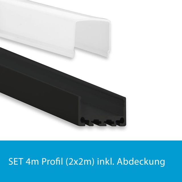 Profi LED SET 4M (2x2M) Aufbauprofil Mini 24 flach schwarz mit opaler Abdeckung