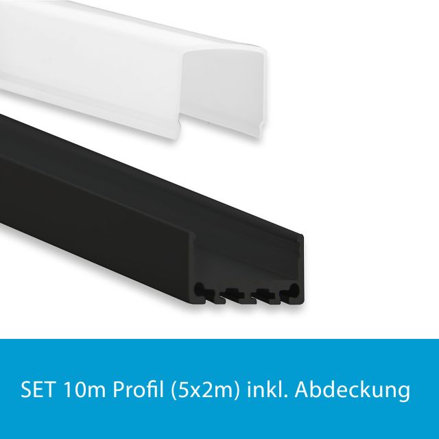 Profi LED SET 10M (5x2M) Aufbauprofil Mini 24 flach schwarz mit opaler Abdeckung