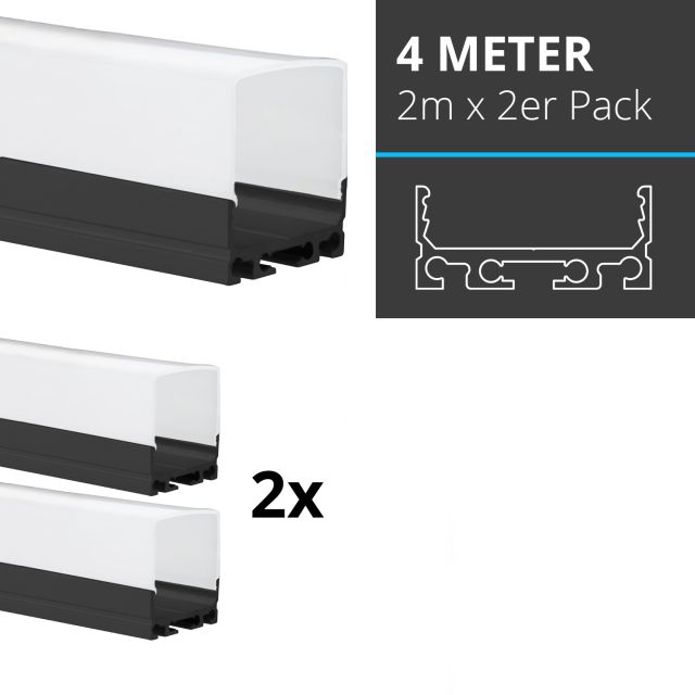 Profi LED SET 4M (2x2M) Aufbauprofil Mini 24 schwarz mit hoher opaler Abdeckung
