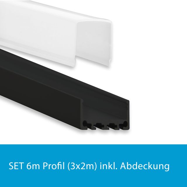 Profi LED SET 6M (3x2M) Aufbauprofil Mini 24 schwarz mit hoher opaler Abdeckung