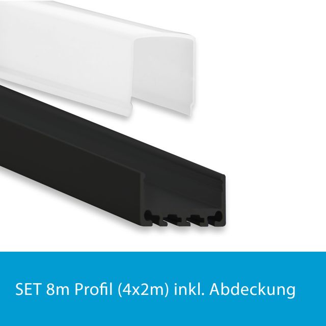 Profi LED SET 8M (4x2M) Aufbauprofil Mini 24 schwarz mit hoher opaler Abdeckung