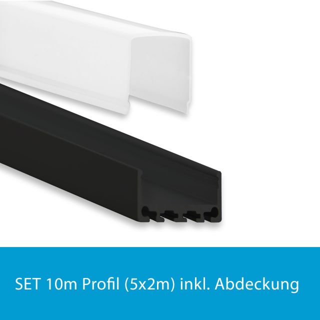 Profi LED SET 10M (5x2M) Aufbauprofil Mini 24 schwarz mit hoher opaler Abdeckung