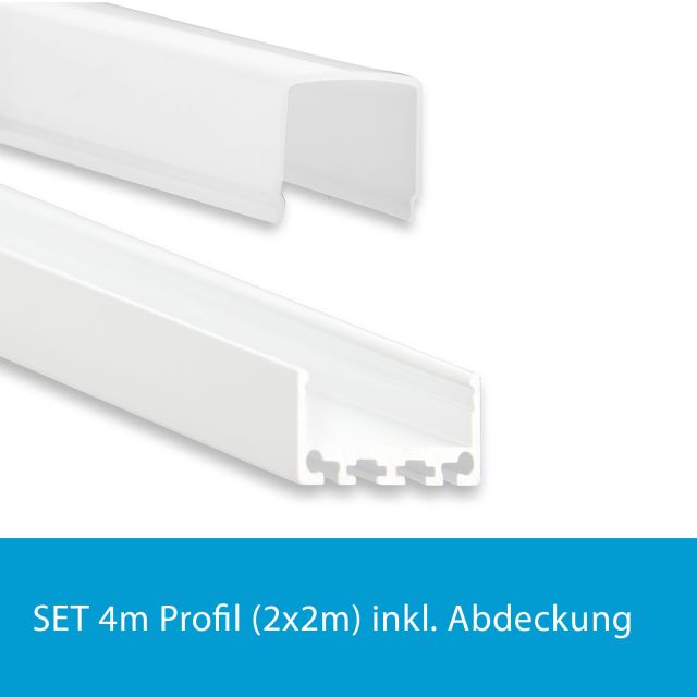 Profi LED SET 4M (2x2M) Aufbauprofil Mini 24 flach weiss mit opaler Abdeckung