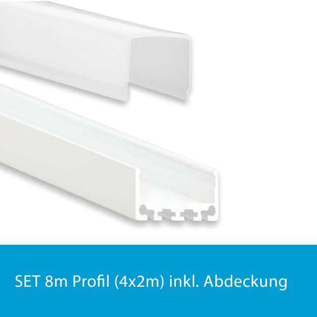 Profi LED SET 8M (4x2M) Aufbauprofil Mini 24 flach weiss mit opaler Abdeckung