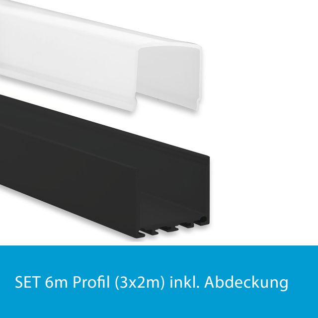 Profi LED SET 6M (3x2M) Aufbauprofil Maxi 24 schwarz inkl. milchiger Abdeckung