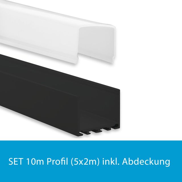 Profi LED SET 10M (5x2M) Aufbauprofil Maxi 24 schwarz inkl. milchiger Abdeckung