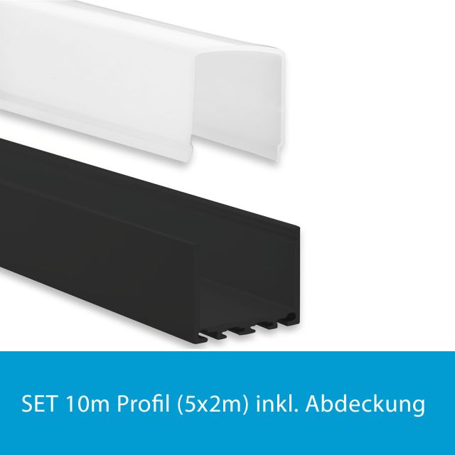 Profi LED SET 10M (5x2M) Aufbauprofil Maxi 24 schwarz mit hoher opaler Abdeckung