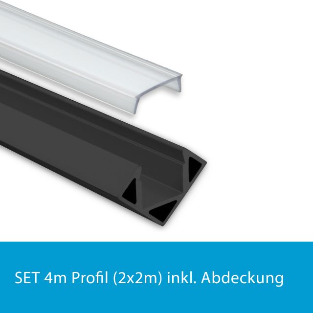 Profi LED SET 4M (2x2M) Eckprofil Mini 11 schwarz inkl. klarer Abdeckung