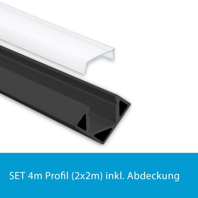 Profi LED SET 4M (2x2M) Eckprofil Mini 11 schwarz inkl. milchiger Abdeckung