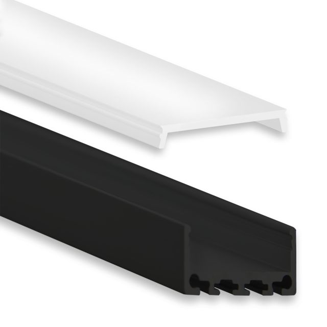 Profi LED Aufbauprofil Mini 24 schwarz, 2 Meter inkl. flacher opaler Abdeckung
