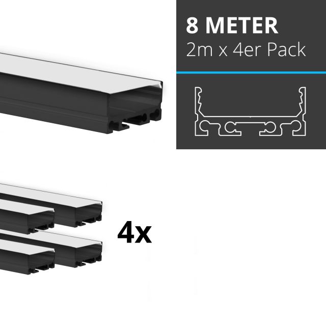 Profi LED SET 8M (4x2M) Aufbauprofil Mini24 schwarz mit flacher opaler Abdeckung