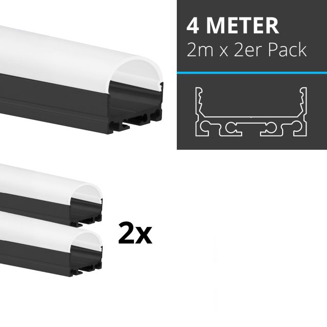 Profi LED SET 4M (2x2M) Aufbauprofil Mini 24 schwarz mit runder opaler Abdeckung