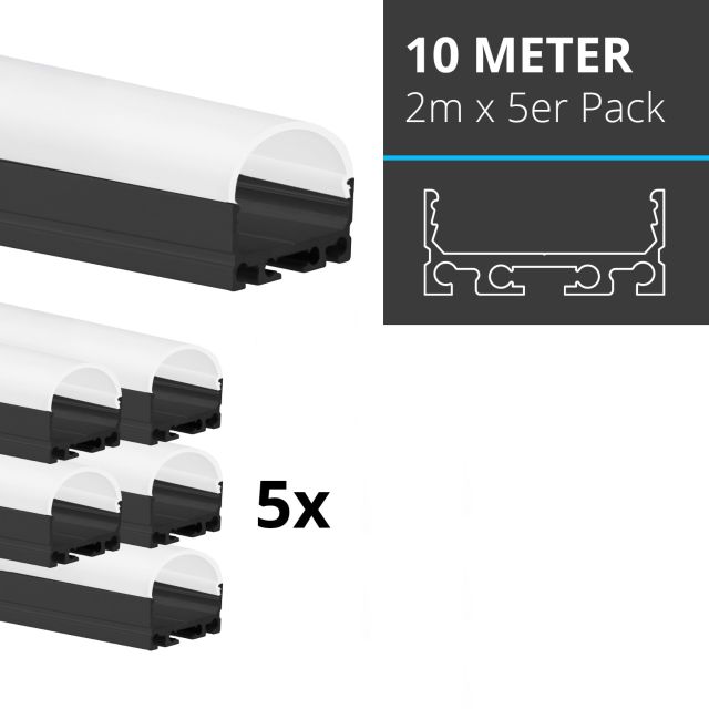 Profi LED SET 10M (5x2M) Aufbauprofil Mini24 schwarz mit runder opaler Abdeckung