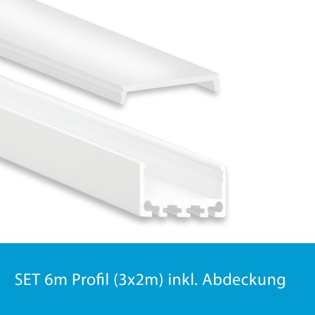Profi LED SET 6M (3x2M) Aufbauprofil Mini 24 weiss mit flacher opaler Abdeckung