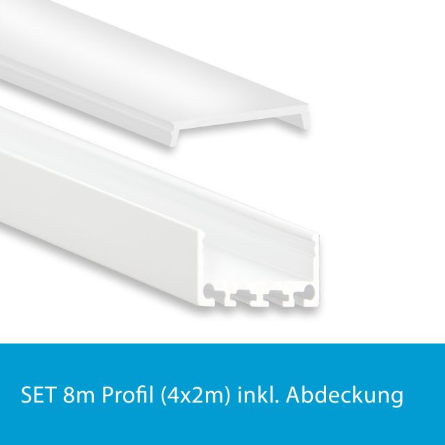 Profi LED SET 8M (4x2M) Aufbauprofil Mini 24 weiss mit flacher opaler Abdeckung