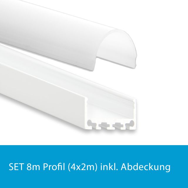 Profi LED SET 8M (4x2M) Aufbauprofil Mini 24 weiss mit runder opaler Abdeckung