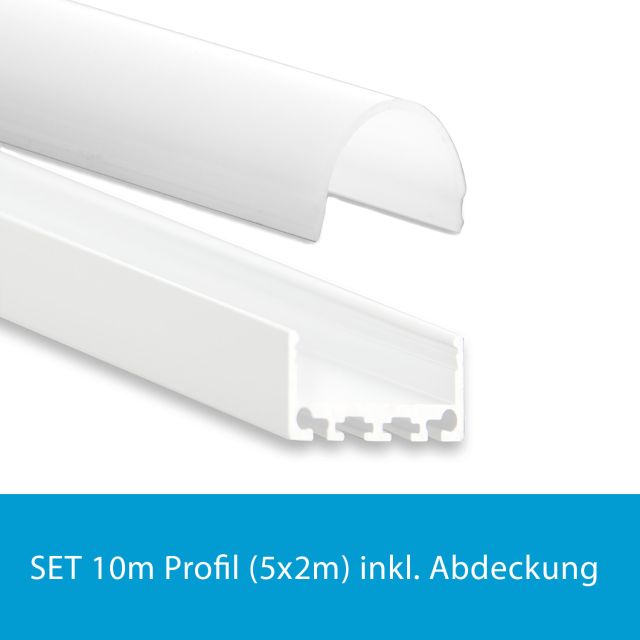 Profi LED SET 10M (5x2M) Aufbauprofil Mini 24 weiss mit runder opaler Abdeckung
