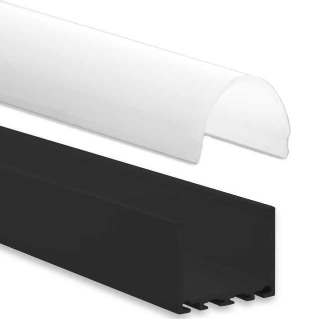 Profi LED Aufbauprofil Maxi 24 schwarz, 2 Meter inkl. runder milchiger Abdeckung