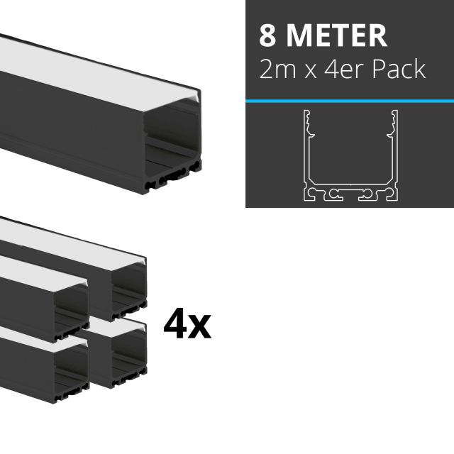 Profi LED SET 8M (4x2M) Aufbauprofil Maxi24 schwarz mit flacher opaler Abdeckung
