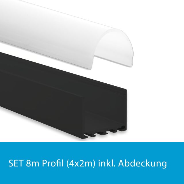 Profi LED SET 8M (4x2M) Aufbauprofil Maxi 24 schwarz mit runder opaler Abdeckung