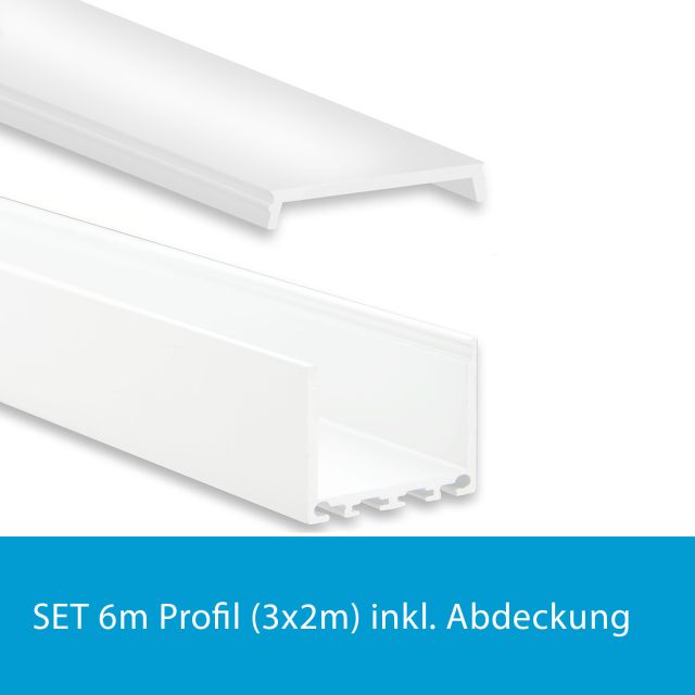 Profi LED SET 6M (3x2M) Aufbauprofil Maxi 24 weiss mit flacher opaler Abdeckung