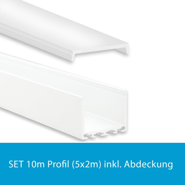 Profi LED SET 10M (5x2M) Aufbauprofil Maxi 24 weiss mit flacher opaler Abdeckung