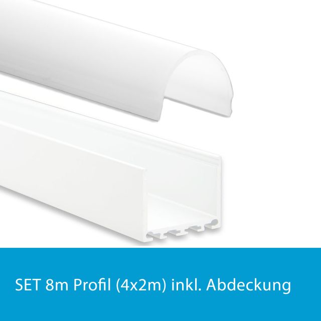 Profi LED SET 8M (4x2M) Aufbauprofil Maxi 24 weiss mit runder opaler Abdeckung
